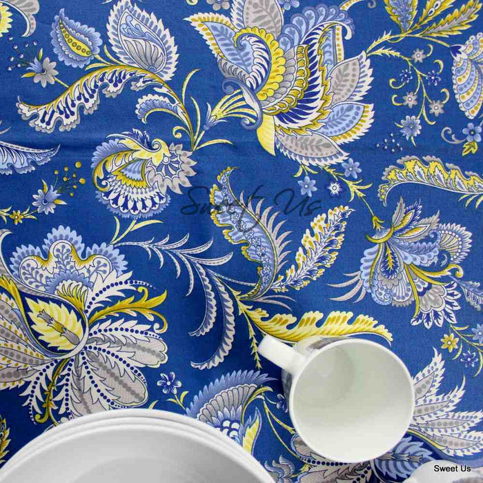 Wipeable Tablecloth Rectangle Spill Resistant French Acrylic Coated Floral Blue - Sweet Us
