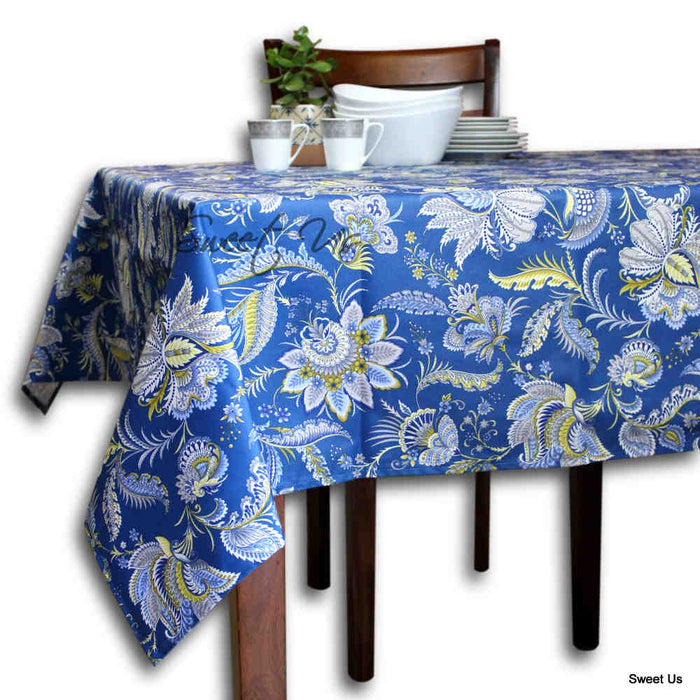 Wipeable Tablecloth Rectangle Spill Resistant French Acrylic Coated Floral Blue - Sweet Us