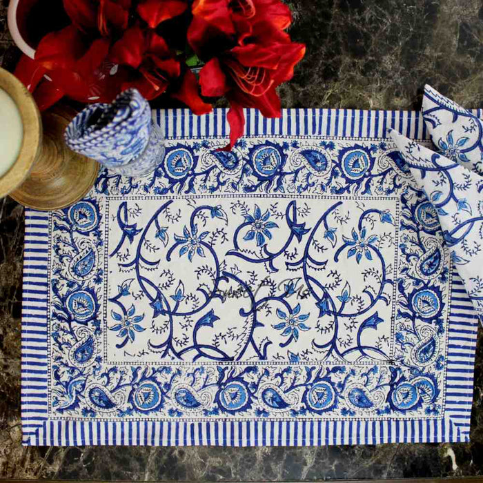 Stella Floral Block Print Cotton Tablecloth Collection, Blue Opal - Sweet Us