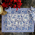 Stella Floral Block Print Cotton Tablecloth Collection, Blue Opal - Sweet Us