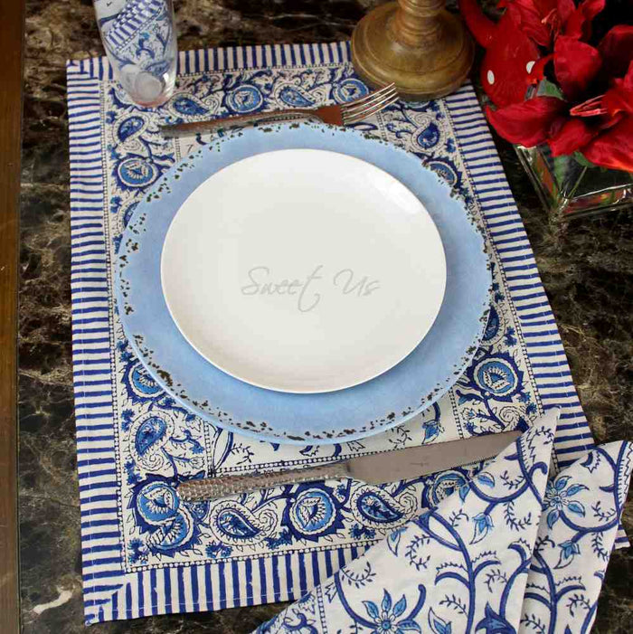 Stella Floral Block Print Cotton Tablecloth Collection, Blue Opal - Sweet Us