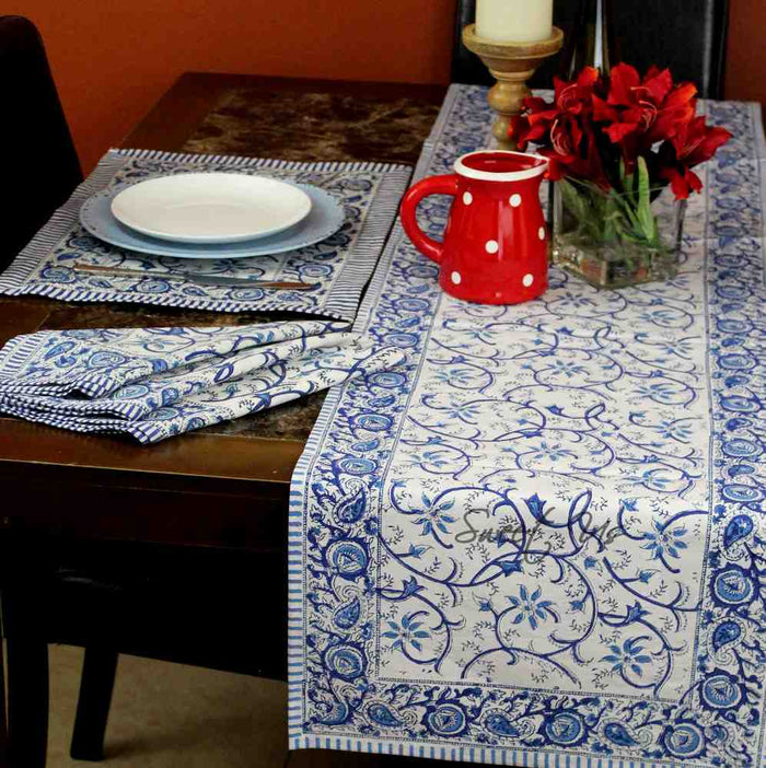 Stella Floral Block Print Cotton Tablecloth Collection, Blue Opal - Sweet Us