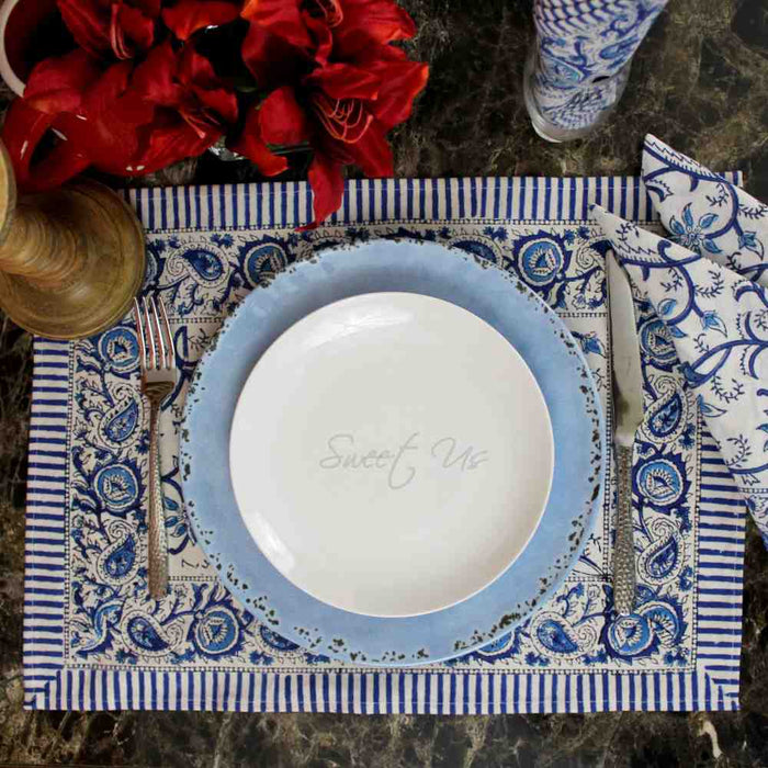 Stella Floral Block Print Cotton Tablecloth Collection, Blue Opal - Sweet Us
