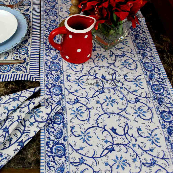 Stella Floral Block Print Cotton Tablecloth Collection, Blue Opal - Sweet Us