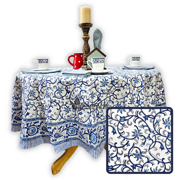 Stella Floral Block Print Cotton Tablecloth Collection, Blue Opal - Sweet Us