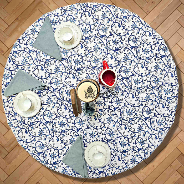 Stella Floral Block Print Cotton Tablecloth Collection, Blue Opal - Sweet Us