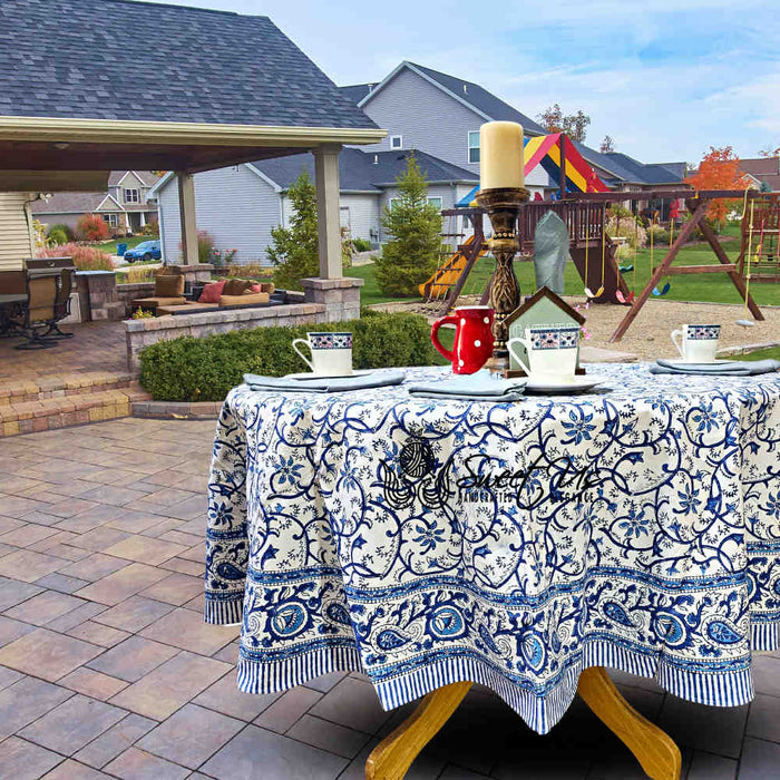 Stella Floral Block Print Cotton Tablecloth Collection, Blue Opal - Sweet Us