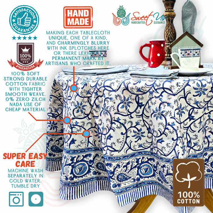 Stella Floral Block Print Cotton Tablecloth Collection, Blue Opal - Sweet Us
