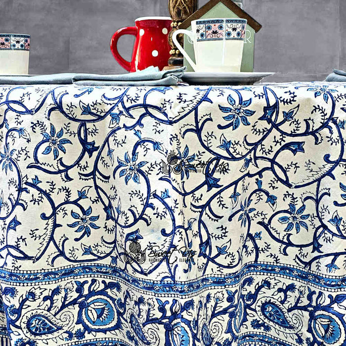Stella Floral Block Print Cotton Tablecloth Collection, Blue Opal - Sweet Us