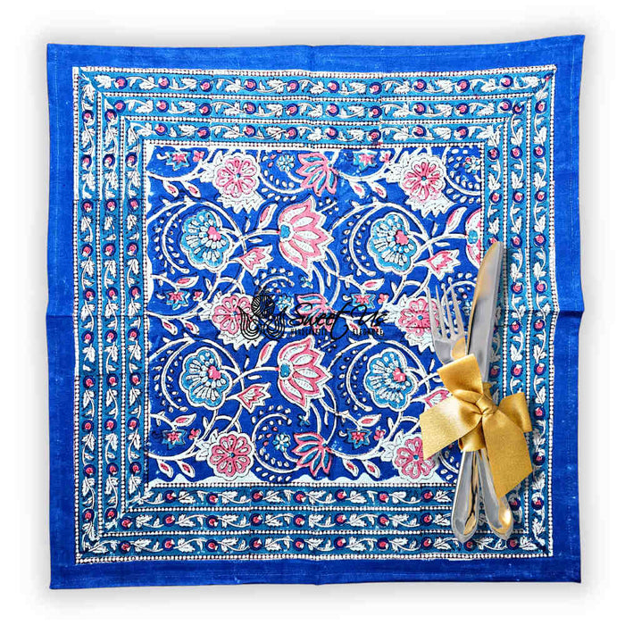 Lotus Dreams Block Print Cotton Floral Set of 4 Table Napkins, Sapphire Charm - Sweet Us
