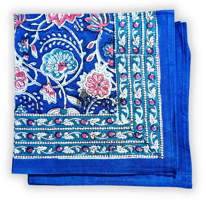 Lotus Dreams Block Print Cotton Floral Set of 4 Table Napkins, Sapphire Charm - Sweet Us