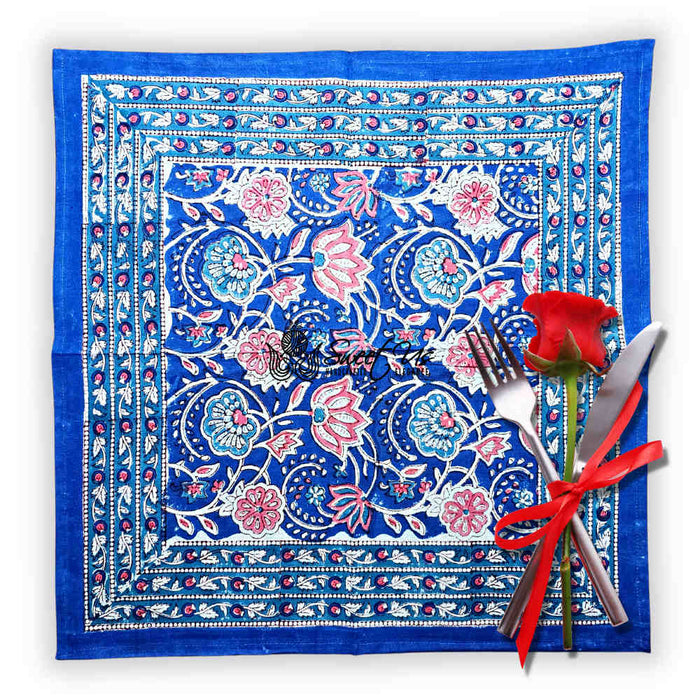 Lotus Dreams Block Print Cotton Floral Set of 4 Table Napkins, Sapphire Charm - Sweet Us