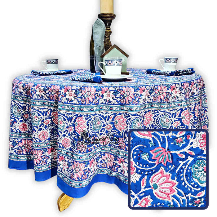 Lotus Dreams Block Print Cotton Floral Tablecloth Round, Sapphire Charm - Sweet Us
