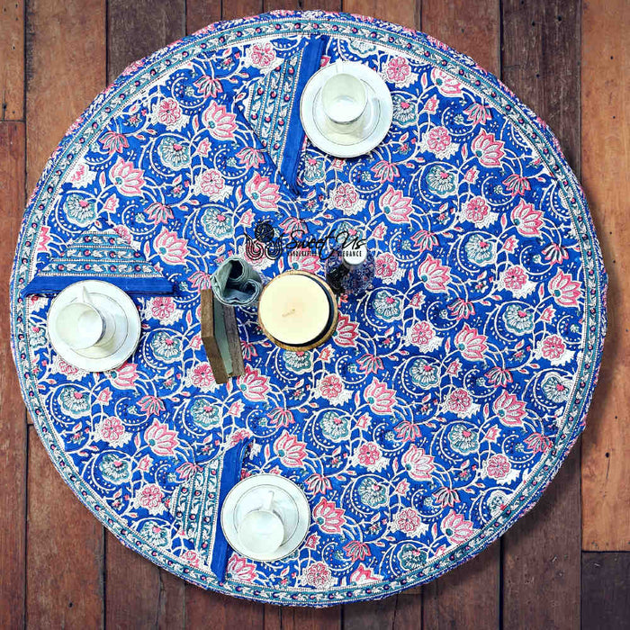 Lotus Dreams Block Print Cotton Floral Tablecloth Round, Sapphire Charm - Sweet Us
