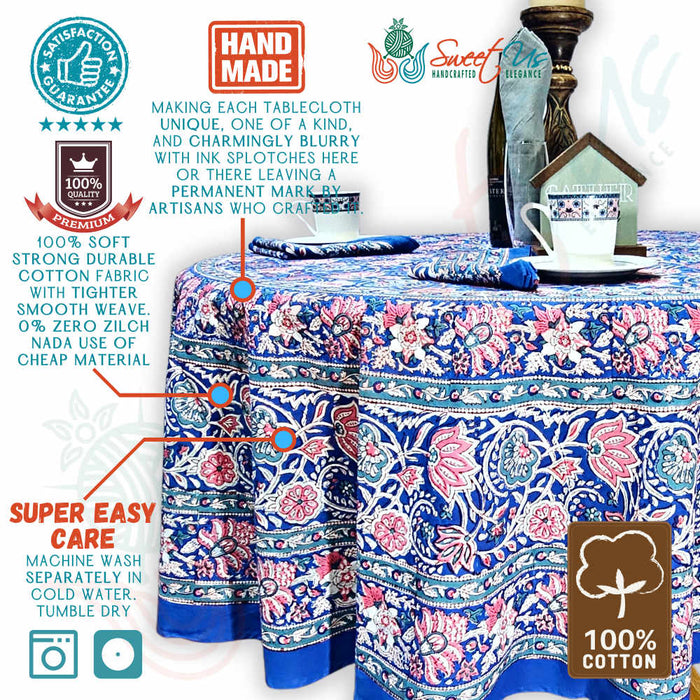 Lotus Dreams Block Print Cotton Floral Tablecloth Round, Sapphire Charm - Sweet Us