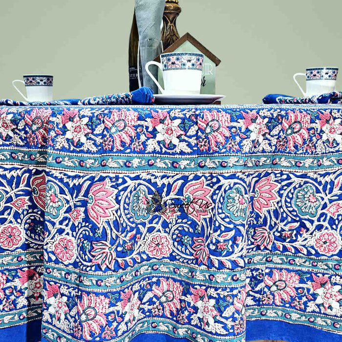 Lotus Dreams Block Print Cotton Floral Tablecloth Round, Sapphire Charm - Sweet Us