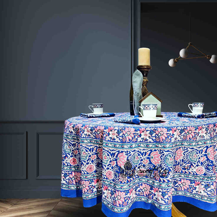 Lotus Dreams Block Print Cotton Floral Tablecloth Round, Sapphire Charm - Sweet Us