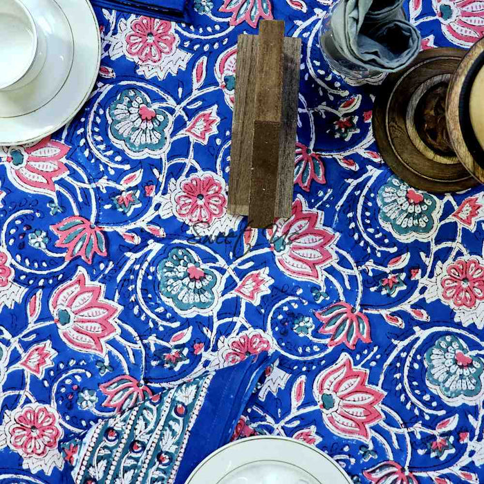 Lotus Dreams Block Print Cotton Floral Tablecloth Round, Sapphire Charm - Sweet Us