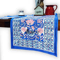 Lotus Dreams Block Print Cotton Floral Table Runner, Sapphire Charm - Sweet Us