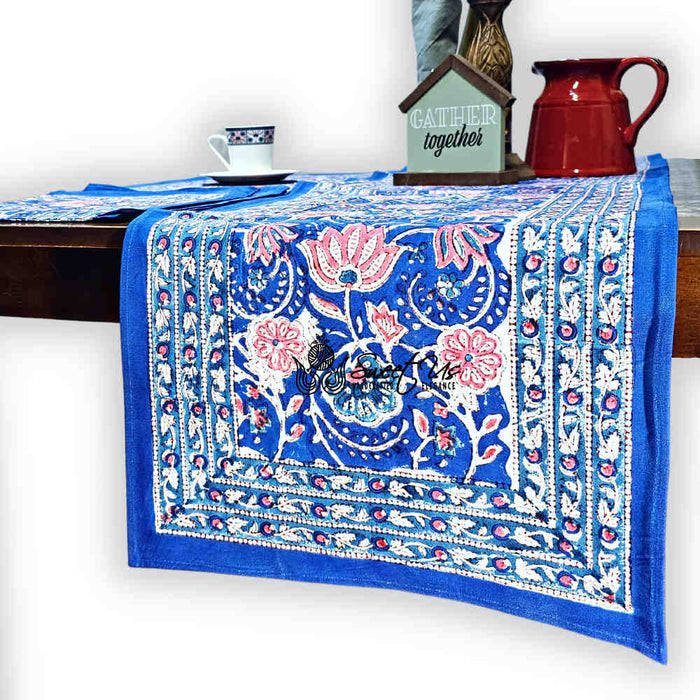 Lotus Dreams Block Print Cotton Floral Table Runner, Sapphire Charm - Sweet Us