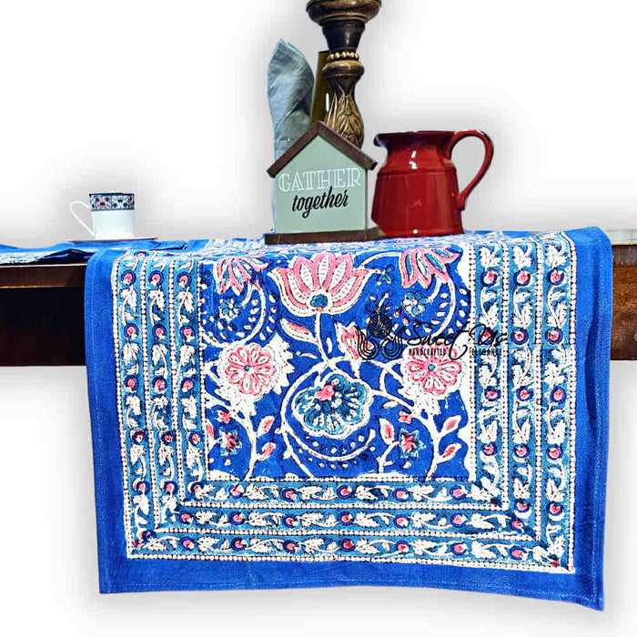 Lotus Dreams Block Print Cotton Floral Table Runner, Sapphire Charm - Sweet Us