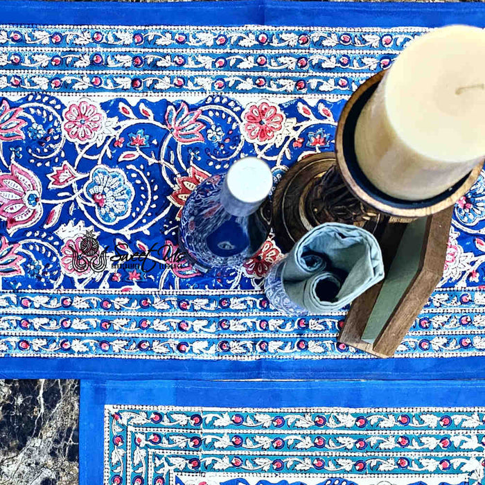 Lotus Dreams Block Print Cotton Floral Table Runner, Sapphire Charm - Sweet Us