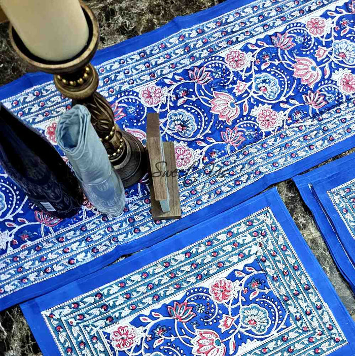 Lotus Dreams Block Print Cotton Floral Table Runner, Sapphire Charm - Sweet Us