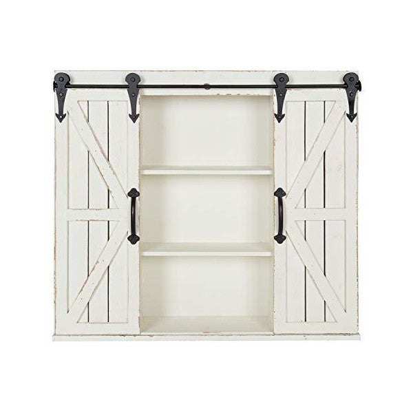 Kate and Laurel Cates 29" White Wood Wall Storage Cabinet with Two Sliding Barn Doors