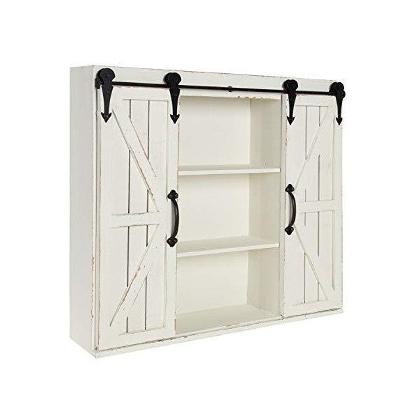Kate and Laurel Cates 29" White Wood Wall Storage Cabinet with Two Sliding Barn Doors