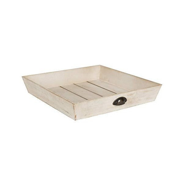 Kate and Laurel Woodmont 20" Antique White Distressed Wood Square Ottoman Tray