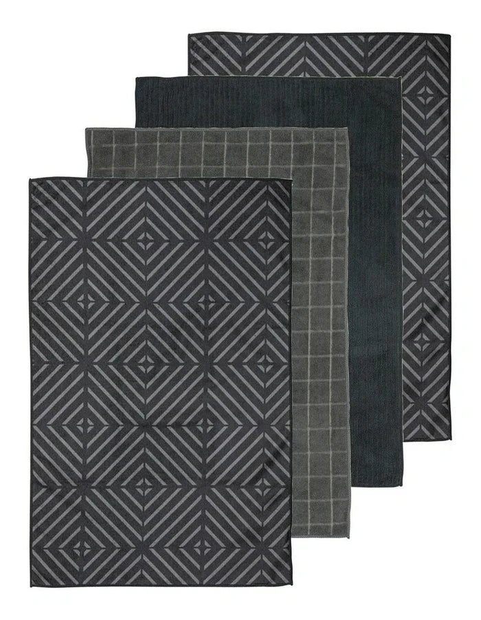 Ladelle Benton Charcoal Microfibre 4pk Kitchen Towels - 43x68cm