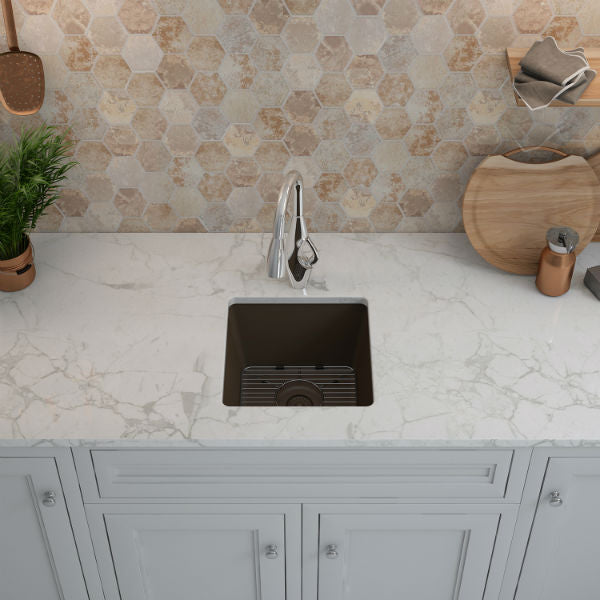 Lexicon Platinum 15" Mocha Quartz Single Composite Sink w/ Grid LP-1515 - Annie & Oak