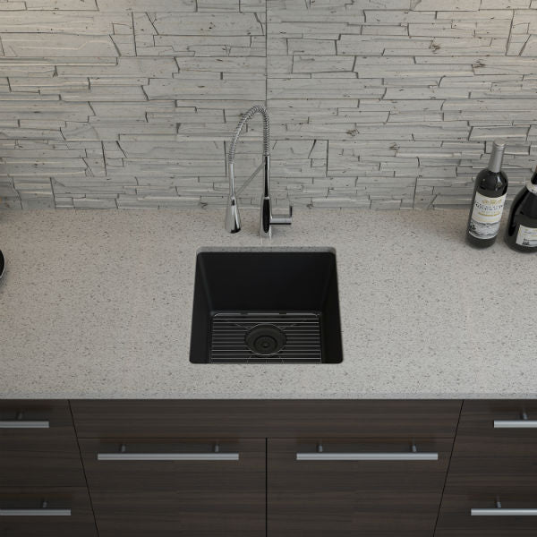 Lexicon Platinum 16" Black Quartz Single Composite Sink w/ Grid LP-1618 - Annie & Oak