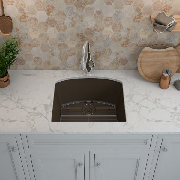 Lexicon Platinum 23" Mocha Quartz Single Bowl Composite Sink w/ Grid LP-2321D - Annie & Oak