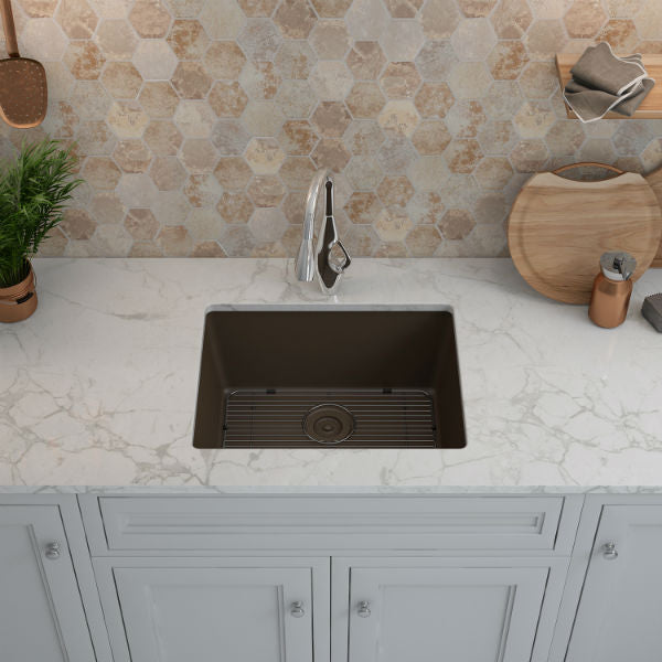 Lexicon Platinum 23" Mocha Quartz Single Composite Sink w/ Grid LP-2318 - Annie & Oak