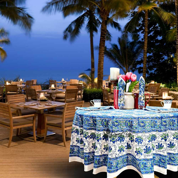 Blossom Burst Cotton Block Print Tablecloth Round, Blue Lagoon - Sweet Us