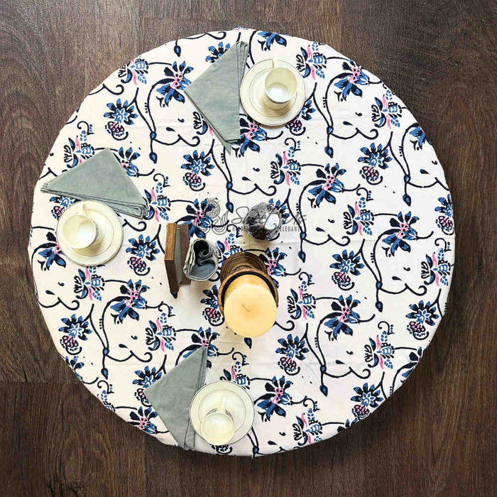 Magnolia Floral Cotton Block Print Tablecloth Round, Rose Bébé - Sweet Us