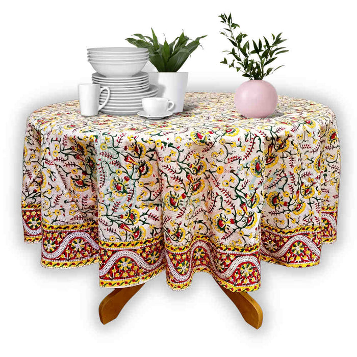 Block Print Tablecloth Round, Floral Vine Print in Olive Green Yellow Red - Sweet Us