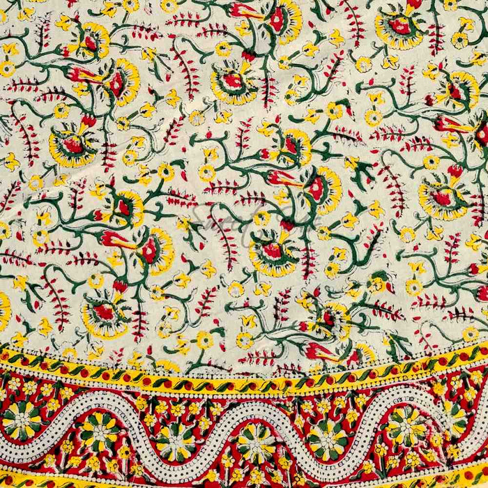 Block Print Tablecloth Round, Floral Vine Print in Olive Green Yellow Red - Sweet Us