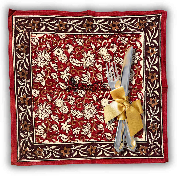 Marigold Radiance Floral Cotton Block Print Set of 4 Napkins, Ruby Terracotta - Sweet Us