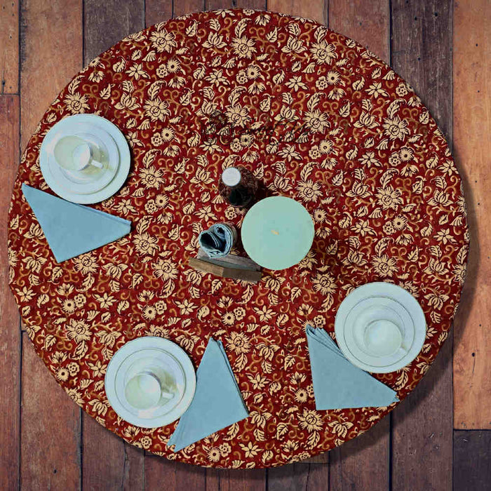 Marigold Radiance Floral Cotton Block Print Tablecloth Round, Ruby Terracotta - Sweet Us