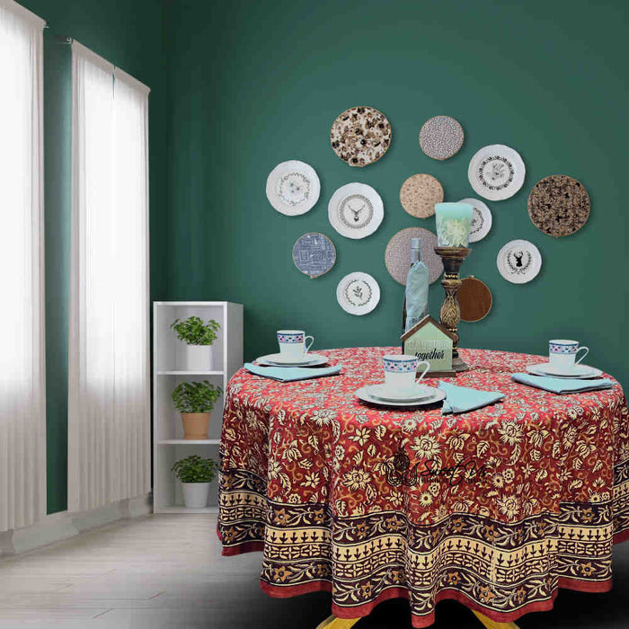 Marigold Radiance Floral Cotton Block Print Tablecloth Round, Ruby Terracotta - Sweet Us