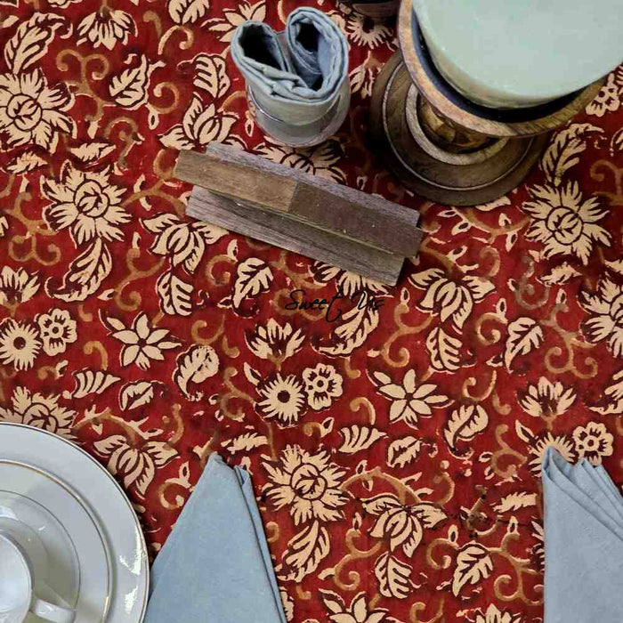Marigold Radiance Floral Cotton Block Print Tablecloth Round, Ruby Terracotta - Sweet Us