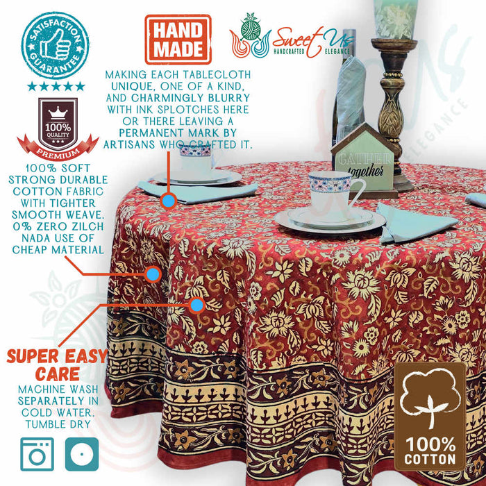 Marigold Radiance Floral Cotton Block Print Tablecloth Round, Ruby Terracotta - Sweet Us