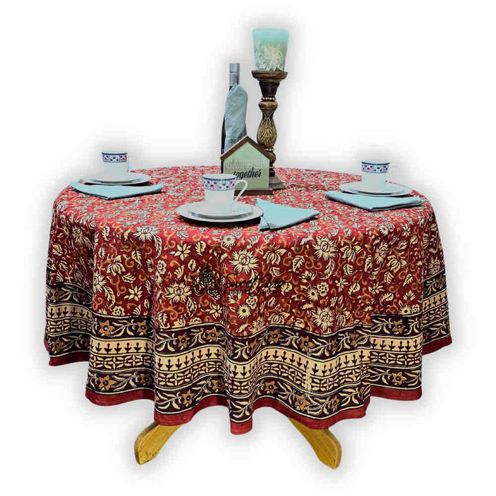 Marigold Radiance Floral Cotton Block Print Tablecloth Round, Ruby Terracotta - Sweet Us
