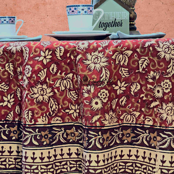 Marigold Radiance Floral Cotton Block Print Tablecloth Round, Ruby Terracotta - Sweet Us