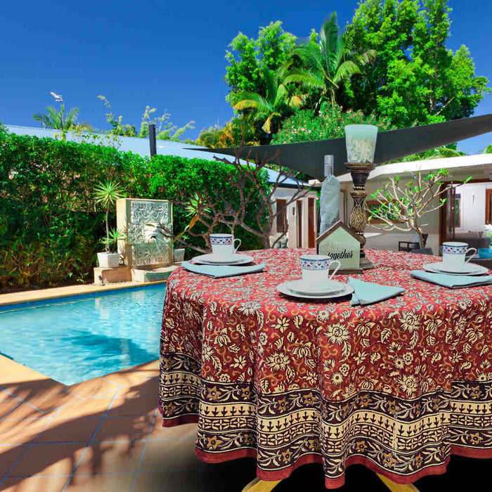 Marigold Radiance Floral Cotton Block Print Tablecloth Round, Ruby Terracotta - Sweet Us