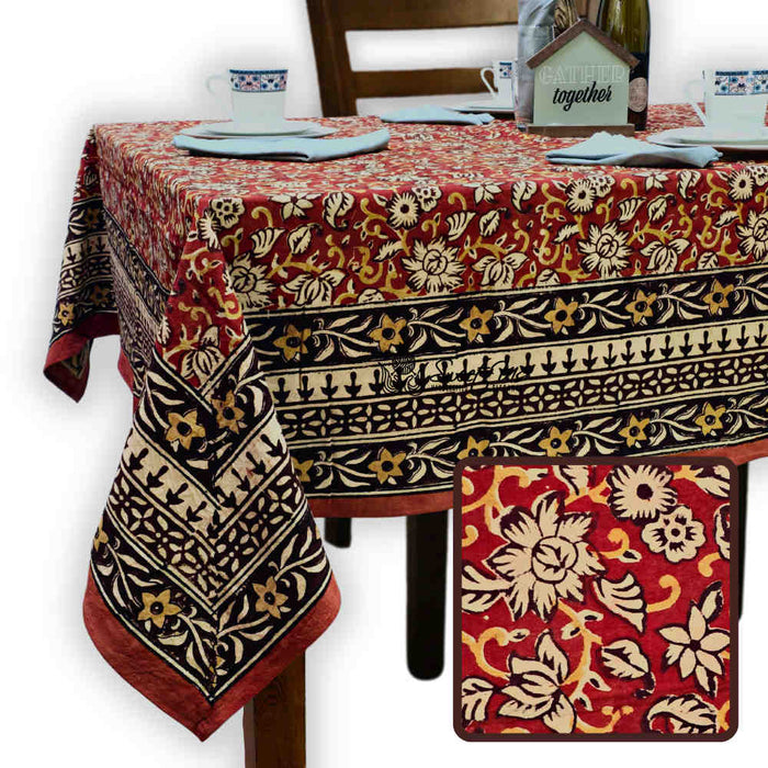 Marigold Radiance Floral Cotton Block Print Tablecloth Rectangle, Ruby Terracotta - Sweet Us
