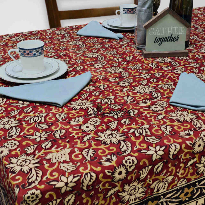 Marigold Radiance Floral Cotton Block Print Tablecloth Rectangle, Ruby Terracotta - Sweet Us