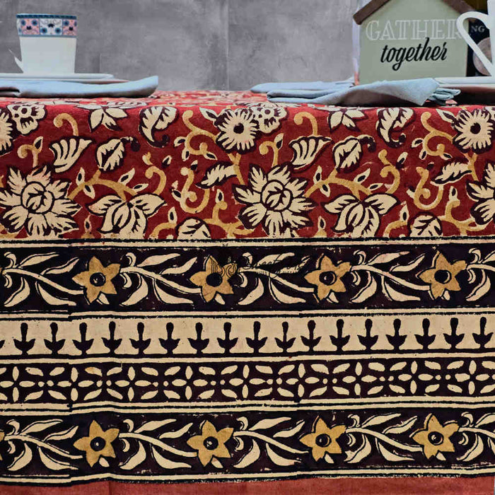 Marigold Radiance Floral Cotton Block Print Tablecloth Rectangle, Ruby Terracotta - Sweet Us